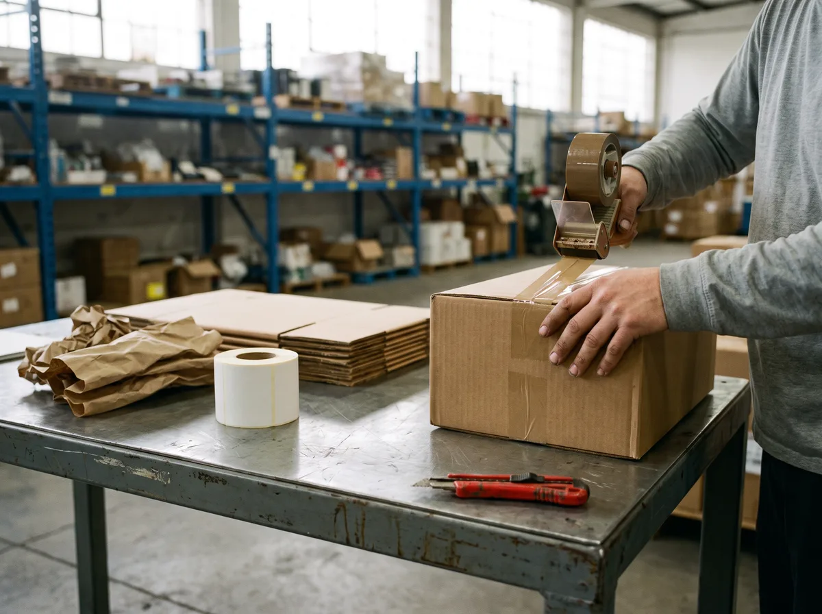 Packtisch im Lager: Eine Hand verschließt einen Versandkarton mit dem Klebebandabroller, daneben Etikettenrolle und Packpapier