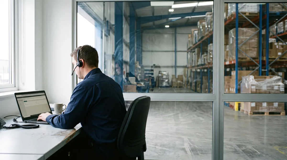 Mitarbeiter mit Headset am Notebook, dahinter durch eine Glaswand der Blick in die Lagerhalle
