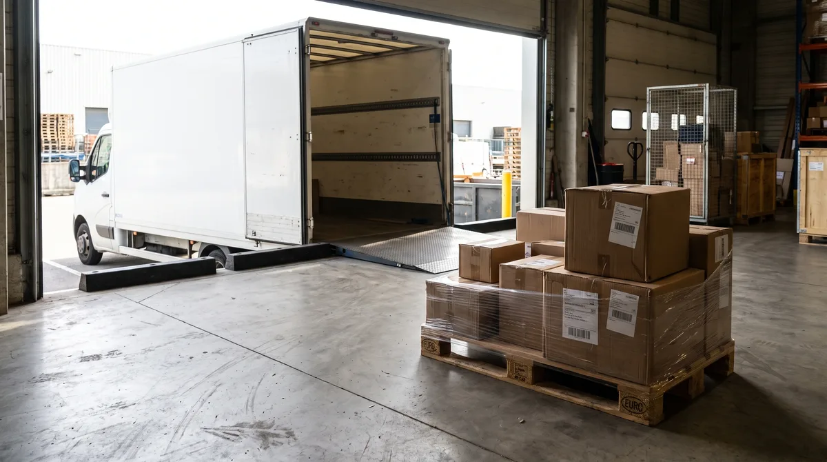 Versandfertige Pakete auf einer Europalette an der Laderampe, davor ein geöffneter weißer Lkw