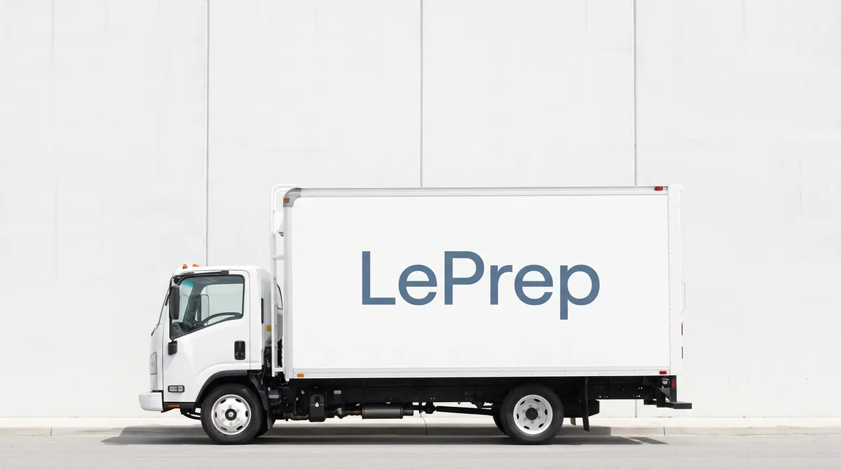 Weißer LePrep-Lkw in voller Länge seitlich vor einer hellen Betonwand
