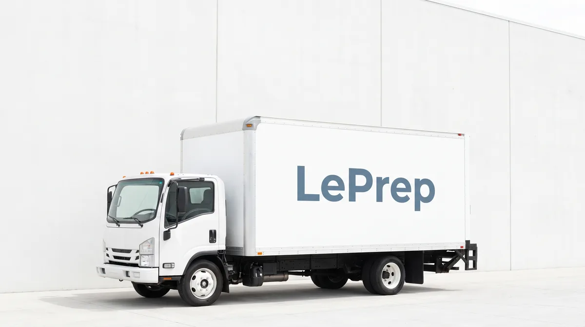 Weißer LePrep-Lkw von schräg vorn vor einer hellen Betonwand