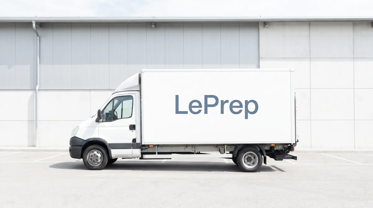 Weißer LePrep-Lkw vor einem hellen Logistikgebäude