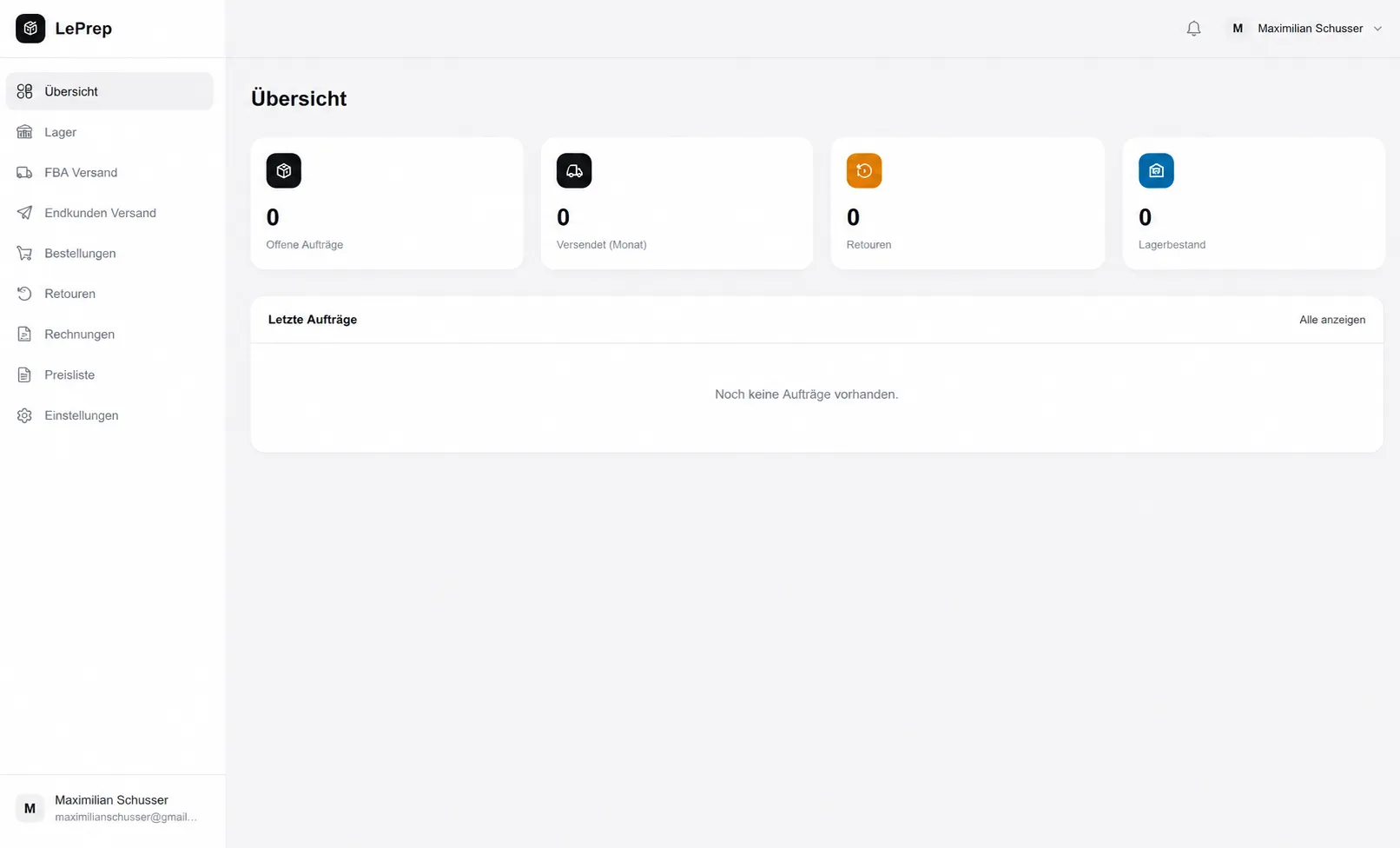 LePrep Dashboard mit Bestand und Sendungen in Echtzeit