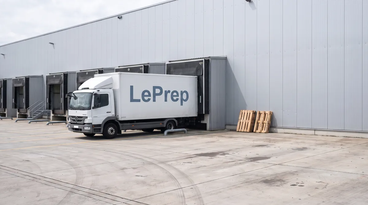 Weißer LePrep-Lkw an der Verladerampe einer hellen Lagerhalle